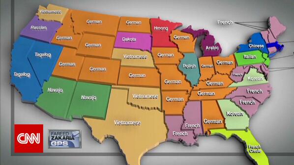 CNN's tweet image. Behind English and Spanish, see the next common languages in each state: cnn.it/1k5AOUb via @FareedZakaria
