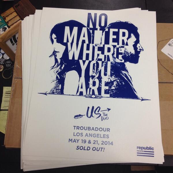 GLADRAGSINK's tweet image. Posters designed and printed for @UsTheDuo's sold out LA shows! #ustheduo #nomatterwhereyouare #bandmerch