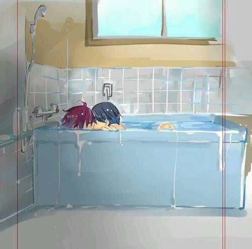 ELLEfujoshi's tweet photo. Maybe he dropped the rubber ducky?😏#HarukaXRin http://t.co/CmYbjo3o0Z