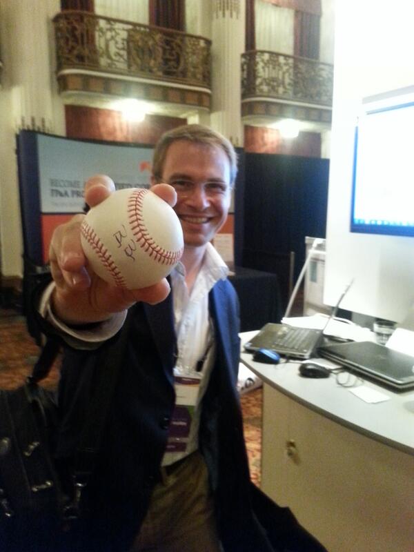 wdayfinancetalk's tweet photo. Winner of the Adaptive weird science meme contest @Martin_Hogan with his signed Billy Beane Baseball!  #ALive14 http://t.co/zOBYHl15j4