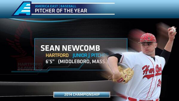 AmericaEast's tweet photo. The 2014 #AEBASE Pitcher of the Year, from @UHartBaseball, Sean Newcomb (@SeanNewk)! http://t.co/y2MrxQgVY6