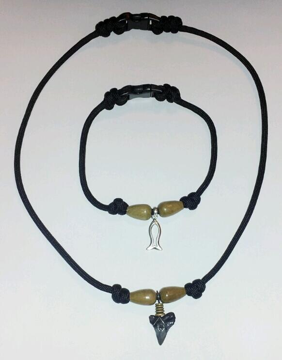 New matching set I made for my wife. #ParacordNecklace w/black shark's tooth & a #ParacordAnklet w/fish charm & beads