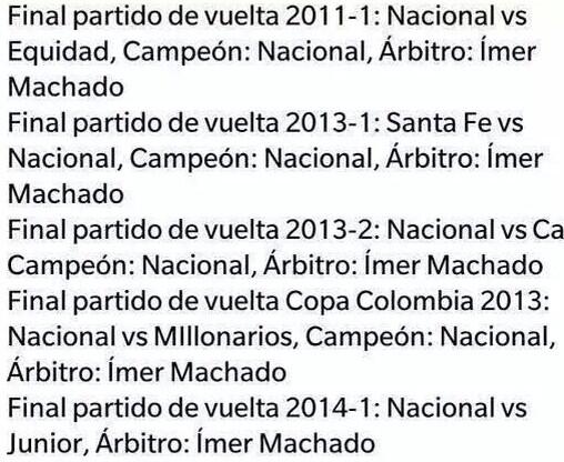 TipsFutbol's tweet photo. Siempre que el arbitro Imer Machado le dirigió una final a Atl. Nacional, el equipo verde salió campeón. ¿Casualidad? http://t.co/mRxcHKdcmd