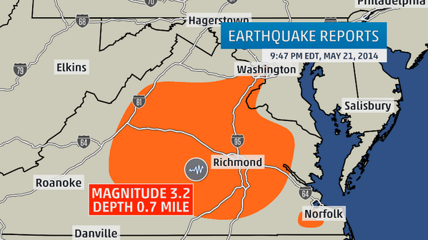 weatherchannel's tweet photo. UPDATE: Thx for your #earthquake reports. Here's refined map of where it was felt. Epicenter 8 mi SW of Powhatan VA. http://t.co/meR8KzwHzr