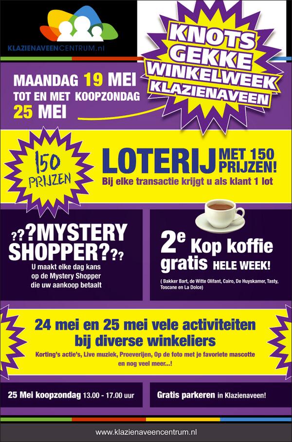 Kom naar de KNOTSGEKKE WINKELWEEK in #Klazienaveen. In de winkel in Klazienaveen ieder laatste uur Happy Hour.