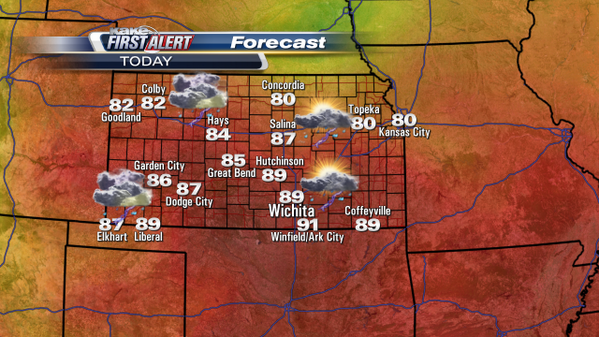 KAKEnews's tweet image. Hot again in #Wichita with scattered showers and storms across #KAKEland. A few storms NW could be strong to severe.