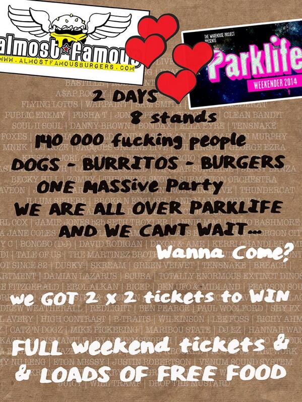 FamousEats's tweet photo. ALMOSTFAMOUS ❤️ @Parklifefest 

RT WIN - 2 TICKETS &amp; FREE FOOD

DRAW TOMORROW 6pm

BE PART OF THE LOVE AFFAIR

>>> http://t.co/5jZrTYwYsn