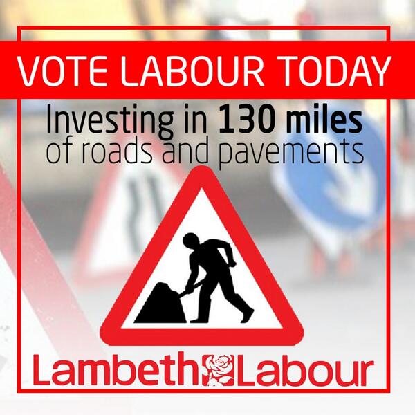 LambethLabour's tweet photo. We will invest in 130 miles of roads and pavements across #Lambeth. Support this? Please Retweet. #VoteLabour today! http://t.co/kPF9XMjBAI