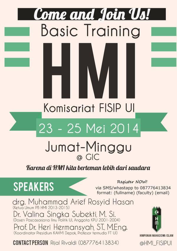 HMI_FISIPUI's tweet photo. Hallo UI! Uda hari kamis nih, yuk yang belum daftar segera daftar #BasicTrainig :) http://t.co/woetoj6SA6