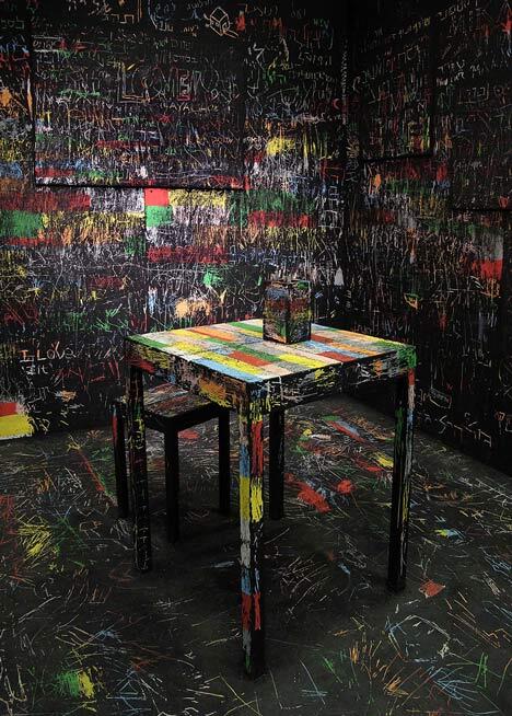 dezeen's tweet photo. Scratch the walls and furniture in this installation to reveal bright colours: http://t.co/PvO7L5AJlQ #design http://t.co/rUArebyPRS