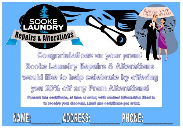 SookeLaundry1's tweet image. To help #Graduates2014 #celebrate we're giving 20% off #Prom #Alterations with this certificate! #graduaton #wedidit