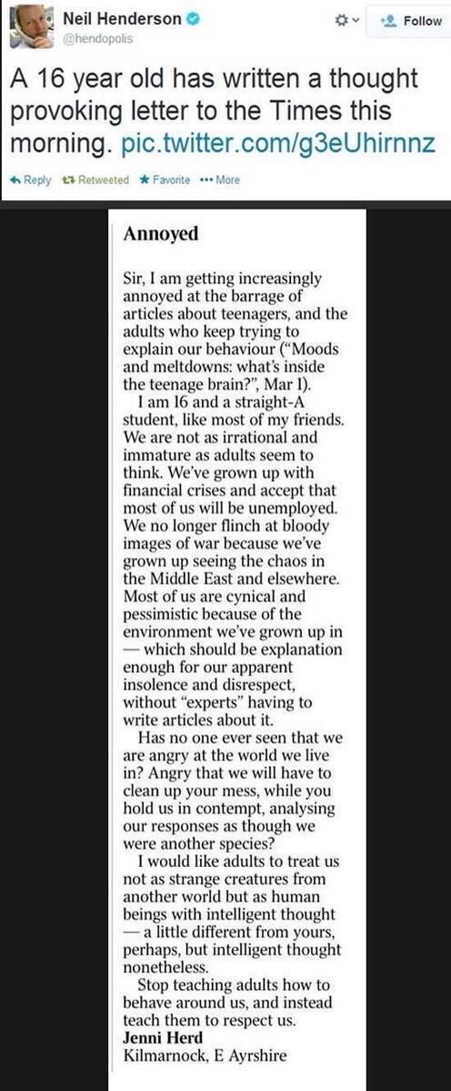 LizcoinIntern's tweet photo. A provoking letter written by a 16 year-old to the Times: http://t.co/E69M5RjTX8