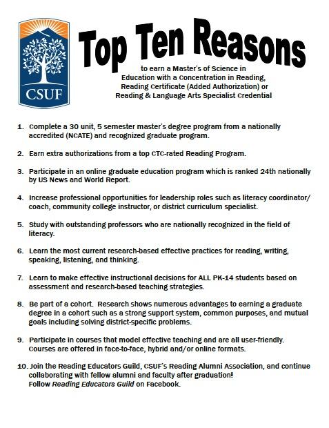 Top 10 Reasons to earn a Master's of Science in Education with a Concentration in Reading.