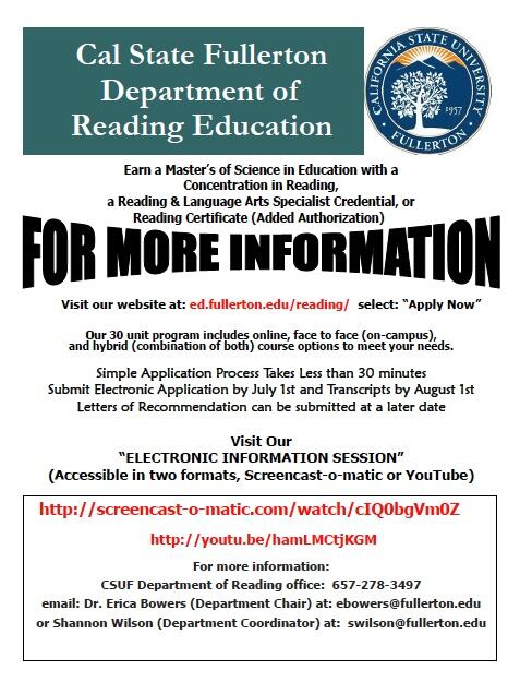 Would you like to learn more about the CSUF Master's o Science in Education with a Concentration in <a href="/CSUF_Reading/">Reading Social Media</a> ?