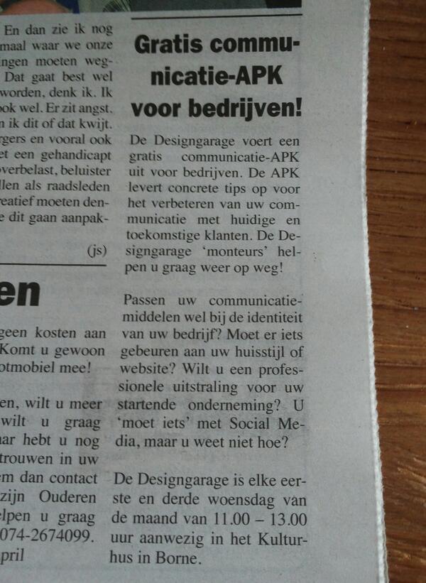 Vandaag in de <a href="/BornseCourant/">BornseCourant</a> : de Designgarage!
Volgende spreekuur is op 4 juni van 11 tot 13 u in <a href="/KulturhusBorne/">Kulturhus Borne</a> .