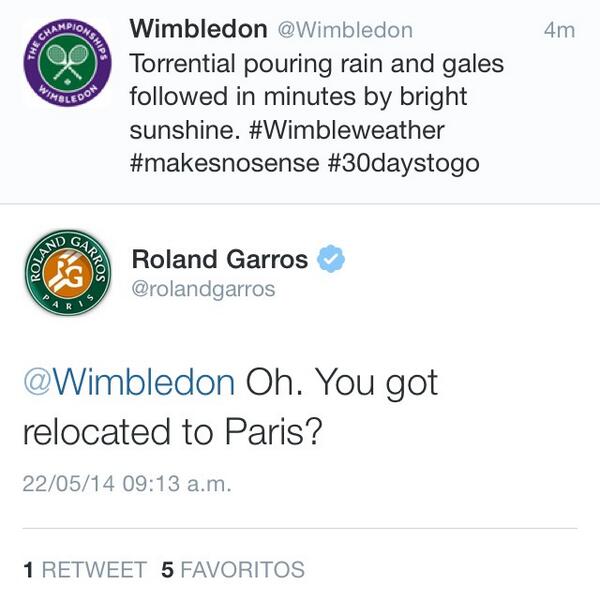 RodolfoLanderos's tweet photo. Los Grand Slams @Wimbledon y @rolandgarros sostienen una charla sobre el clima. #casual http://t.co/Wgh1qvg8x6