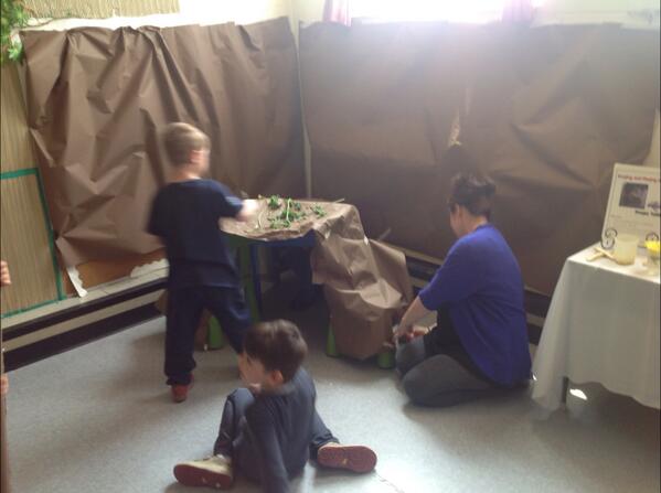The children are interested in worms. So we made our home centre into a wormery.