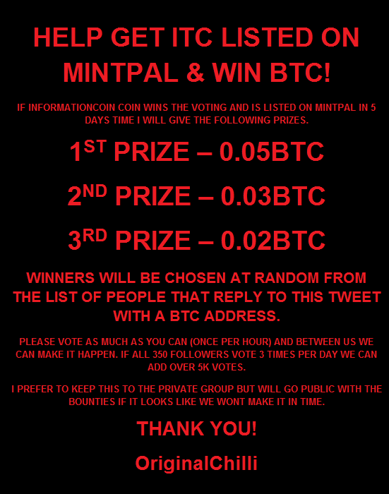 originalchilli's tweet image. ****HELP GET ITC LISTED ON MINTPAL &amp;amp; WIN BTC!**** 
***SEE PIC FOR DETAILS*****
*****THANK YOU*****