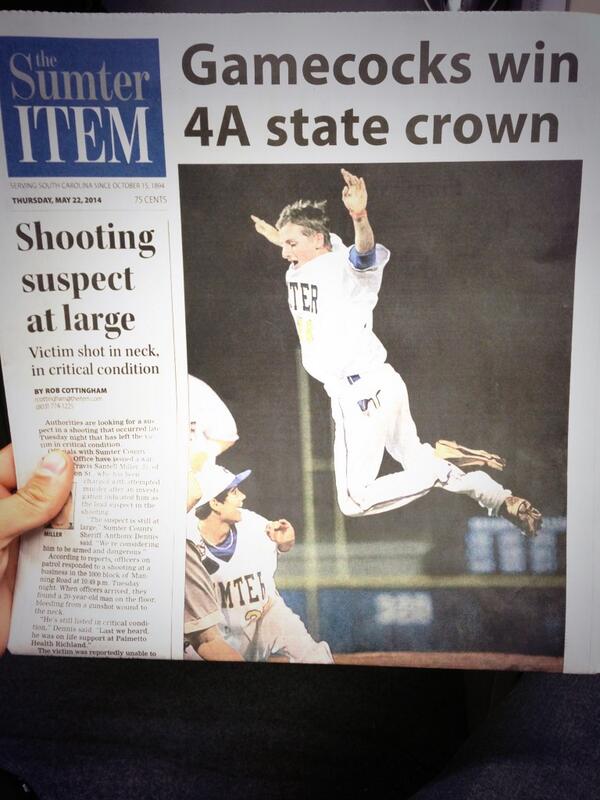 MWalshMedia's tweet photo. @sumterbaseball better pick up a copy of today's @theitem @SumterHighGov #scnews #champs #gamecocks #sumter http://t.co/ucz9B5egHX