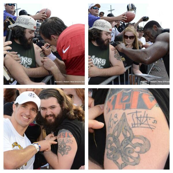 drewbrees's tweet photo. Who Dats are die hard! Brooks Domangue inked Vilma's and my autograph from camp a few years back. Saw him yesterday. http://t.co/DWUKfsBrzX