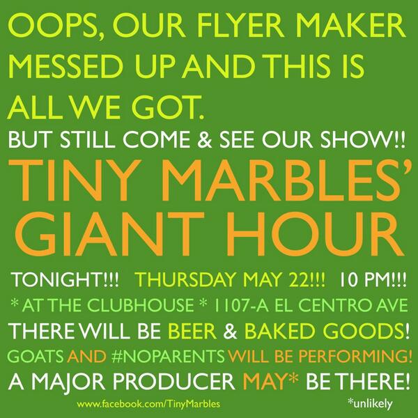 MackenzieHorras's tweet photo. @TinyMarbles Giant Hour is tonight! There will be beer &amp; wine. @iSelle is bringing her famous baked goods too! http://t.co/fhwYvCkMFS