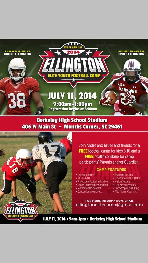 1st Annual Ellington Elite Youth Football Camp. Looking forward to seeing everyone there! #nocharge <a href="/BruceEllington/">Bruce Ellington</a>