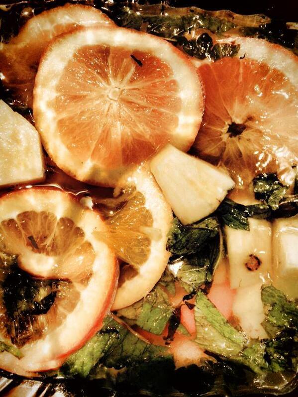 Sangria special all evening night.  $5 white wine sangria with pineapple, orange, and mint.  Yuummmm!