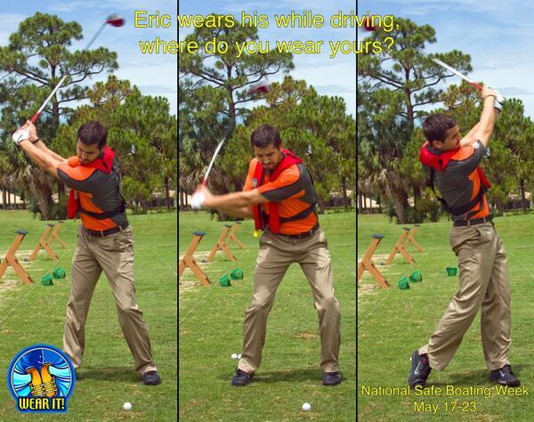 Eric Massingill of <a href="/PGAVillage/">PGA Golf Club at PGA Village</a> gets into the swing wearing a life jacket #NSBW #wearit on.fb.me/Rf16ak