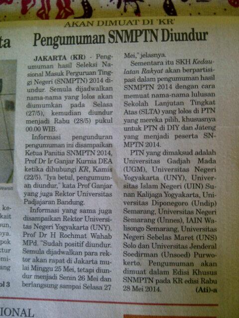 Dari Koran Kedaulatan Rakyat Edisi Jumat, pengumuman SNMPTN diundur 28 Mei pukul 00.00 WIB  (via <a href="/Amroneee_/">Amran</a>)