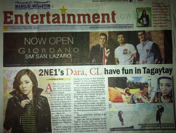gnl_p123's tweet photo. 2NE1's Dara, CL's Tagaytay adventure in Manila Bulletin today @krungy21 @ygent_official http://t.co/BIqe1S2WqY