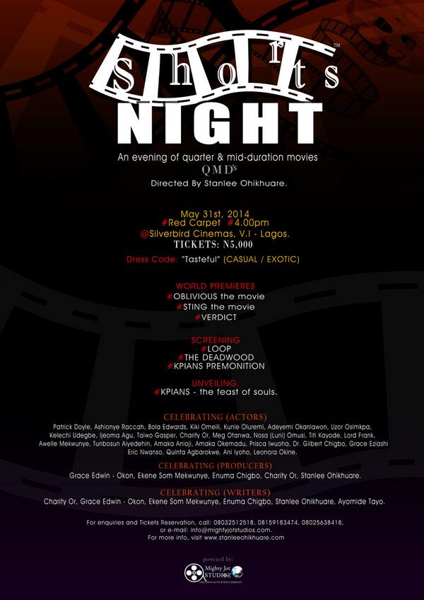 stanleedirector's tweet photo. SHORTS NIGHT-countdown to May 31st @topealake @TopeTedela @topeoshinogun @EricAghimien @Ericnwanso @kelechi_01 http://t.co/luTGOA9x5R