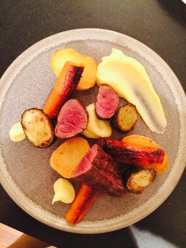 TIm__Andrew's tweet photo. Not bad for a home dinner, venison fillet,parsnip purée, roast carrot, courgette and confit potato #cheflife #dinner http://t.co/0Bqbr6pFVV