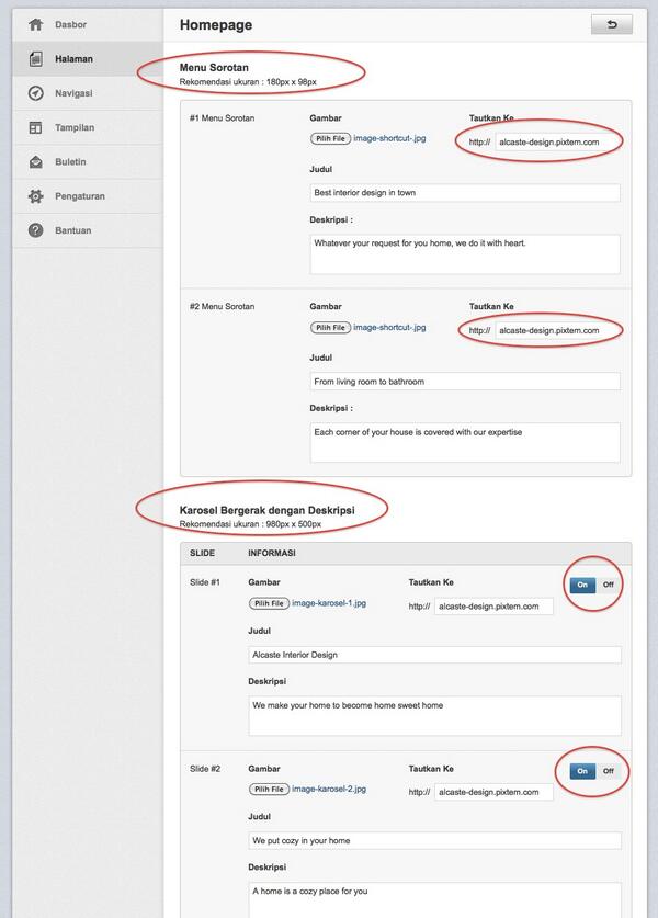 Pixtem's tweet image. Slideshow (karosel) di homepage situs jg bisa diatur dari panel admin Pixtem.Dan...cuman klik aja :) #instantwebsite