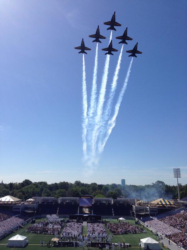 NavyFederal's tweet image. The Blue Angels give a flyover salute for the #USNA Class of 2014 Ceremony! via @BlueAngels