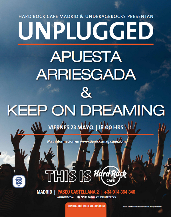 Hoy no te pierdas a <a href="/AArriesgada/">Apuesta Arriesgada</a> y <a href="/KEEPONtweet/">Keep On Dreaming</a> en @HardRockMadrid. A las 18h. 6€. Premios a los más puntuales!