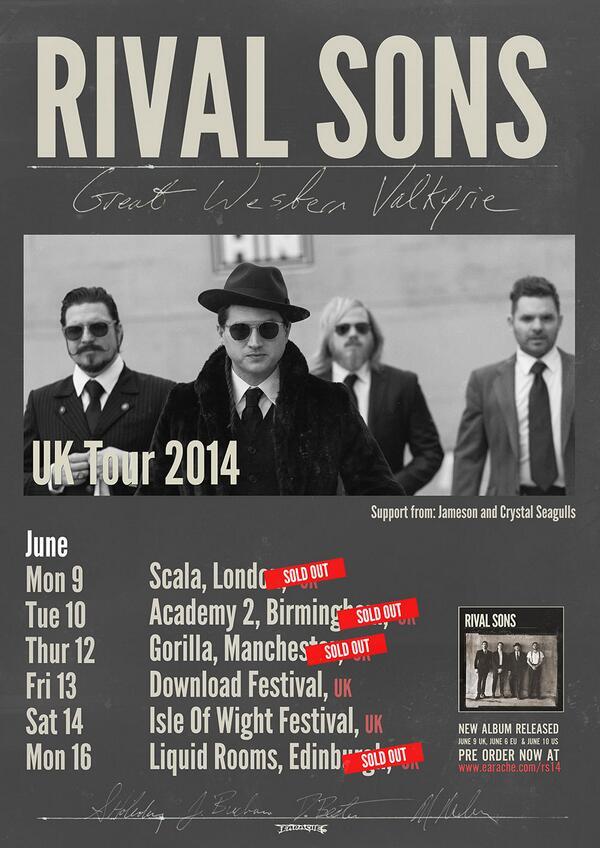 .<a href="/rivalsons/">Rival Sons</a> confirm <a href="/Jamesonmusic/">Jameson Burt</a> &amp; <a href="/CrystalSeagulls/">Crystal Seagulls</a> to support on June UK shows. Tickets > stbrd.in/1eA3DaE