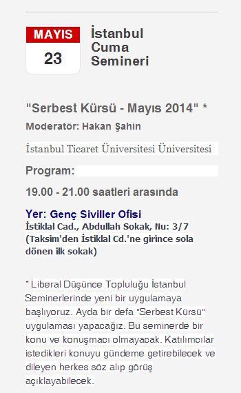 liberalistanbul's tweet photo. Hatırlatma: İstanbul Cuma Semineri: Serbest Kürsü - Moderatör: Hakan Şahin http://t.co/tSVldgTzgP