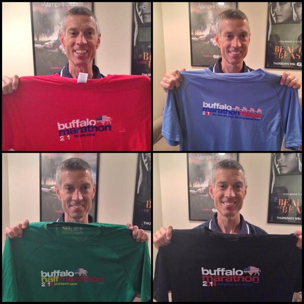 wingingittv's tweet photo. One day 4 races! @BuffaloMarathon Director Tom Donnelly showing off this year's shirts in the Green Room! #buffmar http://t.co/gmdDFXdIMi