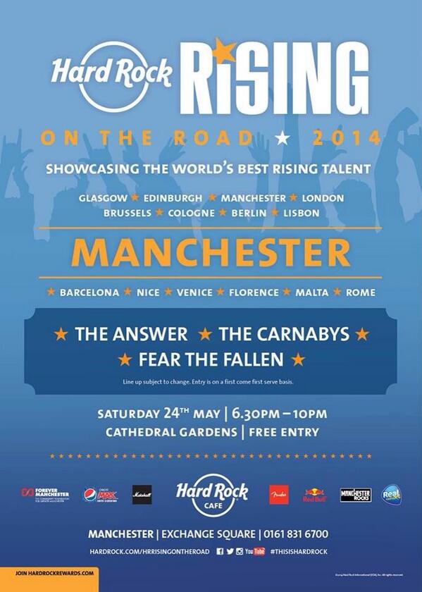 jonnyhrc's tweet photo. @HardRockCafeMCR #HRRisingOnTheRoad so it's almost here! Rolling into town tomorrow at Cathedral Gardens. Be there! http://t.co/73XuA3PpBp