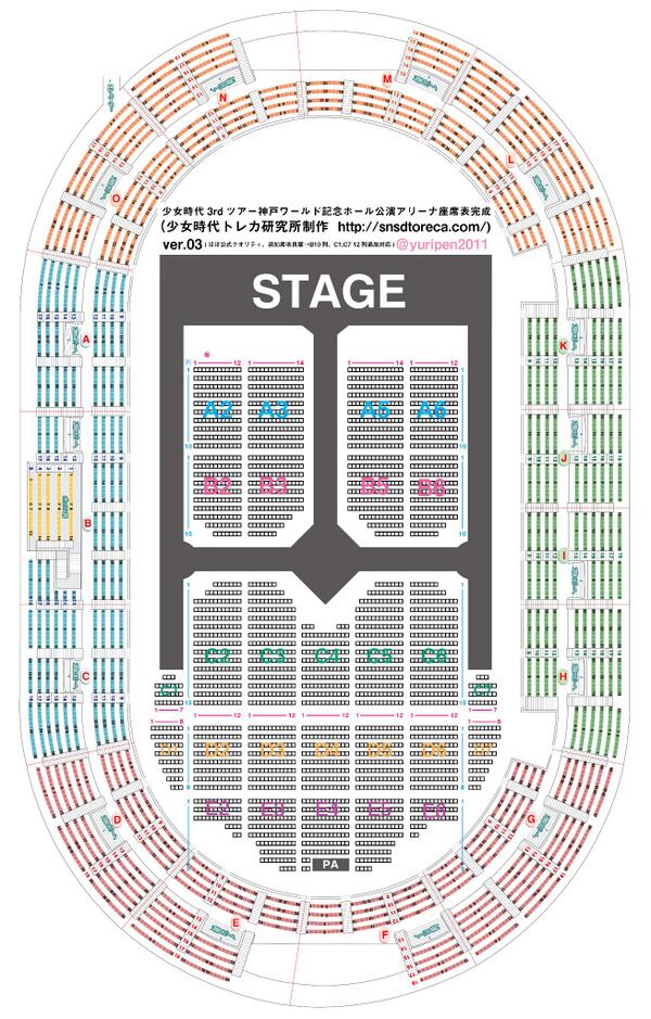 Snsdトレカ ソシコン座席情報 ソシコン3rd 神戸ワールド記念ホール公演アリーナ座席表完成ver3 とうとうこの座席表が公式を超えた笑 会場に貼りだされていた座席表はｂ10列 C1c7の12列の追加席に対応できてないことが判明 こちらは対応版 Http T Co