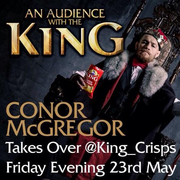 ParadigmSports's tweet photo. The King @TheNotoriousMMA is taking over @King_Crisps Twitter in 5 minutes! Got your questions ready? #kingchat http://t.co/oPyaK9t5aO