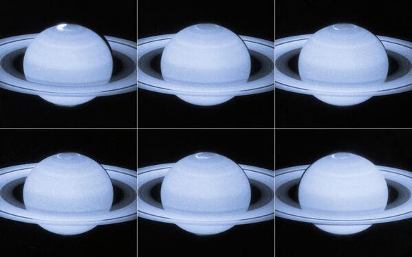 NASA's tweet photo. Here's a @NASA_Hubble image of dancing auroral lights at Saturn’s north pole! http://t.co/Xpfet3v5pk   http://t.co/45Elqemh51