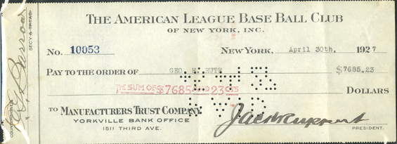1927 Yankees paycheck for Babe Ruth paying him for 2 1/2 weeks (via <a href="/SCPAuctions/">SCP Auctions</a>)