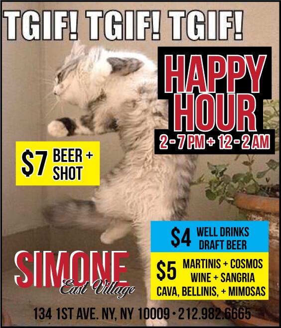 SimoneMartiniNY's tweet photo. #TGIF! It's T last weekend, so stop by &amp; send him off proper w/ #whiskey #shots We'll miss you! #HappyHour - 7pm http://t.co/iB2tnnAbFX