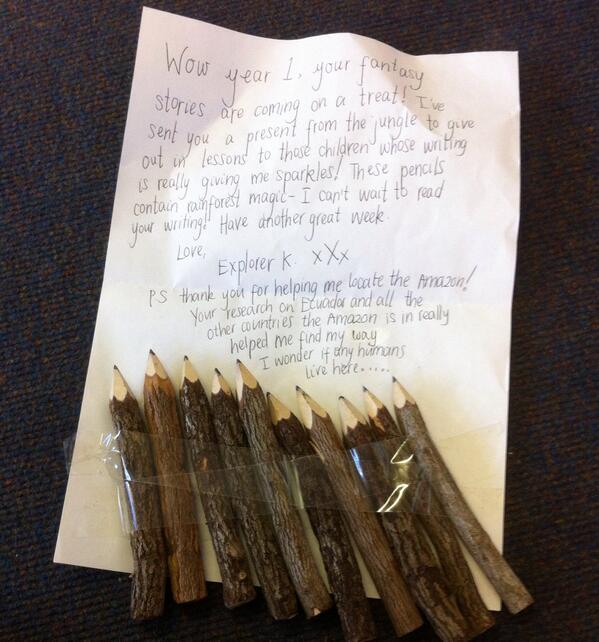 Ellabumblebee's tweet photo. Magical rainforest pencils from our explorer in the Amazon encouraged writing this week #PedagooFriday http://t.co/M5bzaXyr34