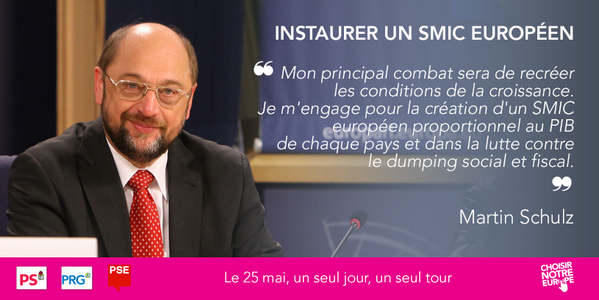 partisocialiste's tweet photo. Avec @MartinSchulz pour l'instauration d'un #SMIC européen ! #25maijevote #NowSchulz #NotreEurope http://t.co/hFIgDrj1sG