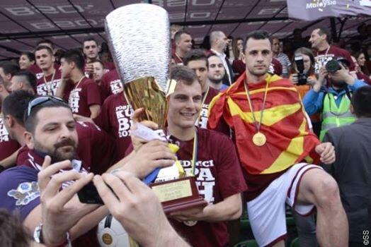Krste Velkoski (with Macedonian flag) celebrates; photo: Facebook