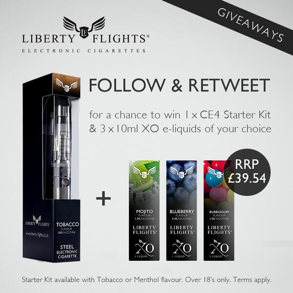 LibFlightsUK's tweet photo. Follow &amp; Re-tweet for a chance to win a Liberty Flights starter kit plus three XO e liquids. #ecigs #vapelife #vape http://t.co/wJ4oxxQO6m
