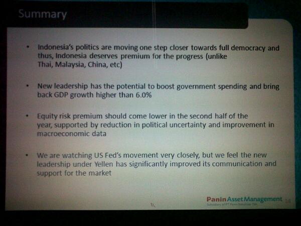KontanNews's tweet photo. Gambaran Market Outlook di Era Pemerintahan Baru menuruti Panin AM @Rudiyanto_zh #ShareNLearn http://t.co/3FUyyuQNoB