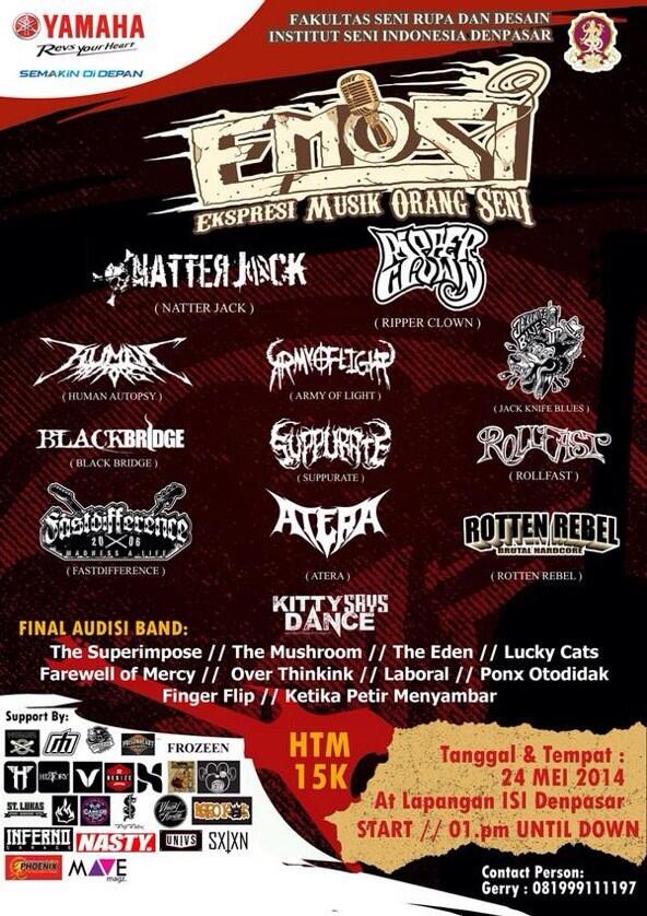 Malam ini.! #EMOSI at ISI Dps, htm 15k. Mari ramaikan dan bersenang".! See ya \m/ check > reverbnation.com/humanautopsyba…